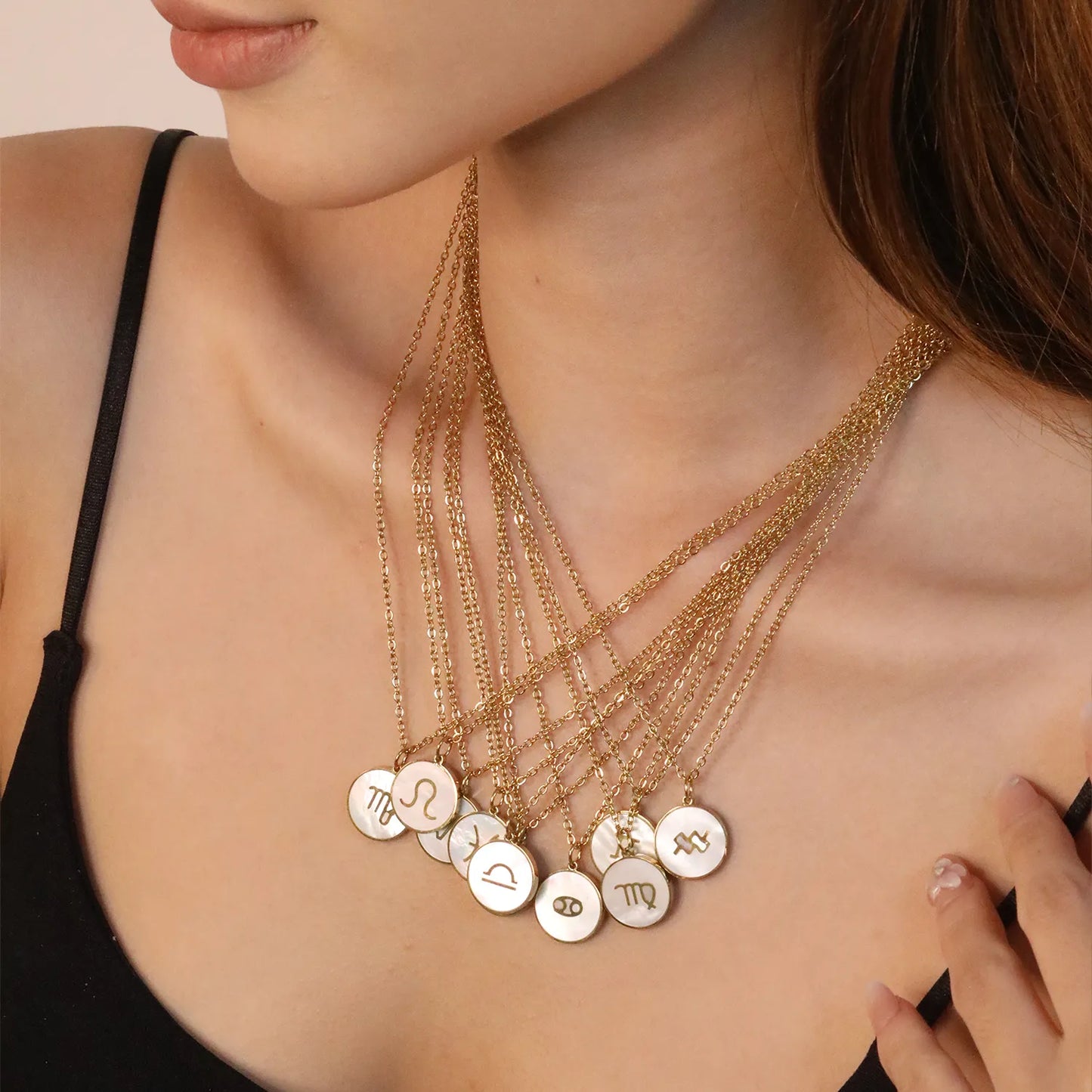 Wholesale Gold 12 Constellation Pendant Necklace | 20.5*21.5mm Zodiac Charm | 40+5cm+6mm Gold & Steel Chain