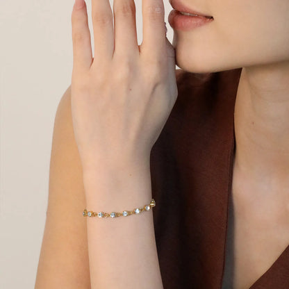 Wholesale Zircon Inlaid Bracelet | 4mm White Zirconia Stones | 16+5cm Gold Plated Chain | Stainless Steel Dress Jewelry