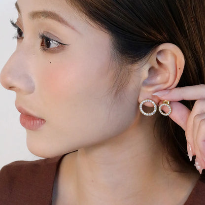 Wholesale 15.7mm & 12mm Hollow Circle Earrings | White Zirconia Halo Design | Gold Stainless Steel Studs