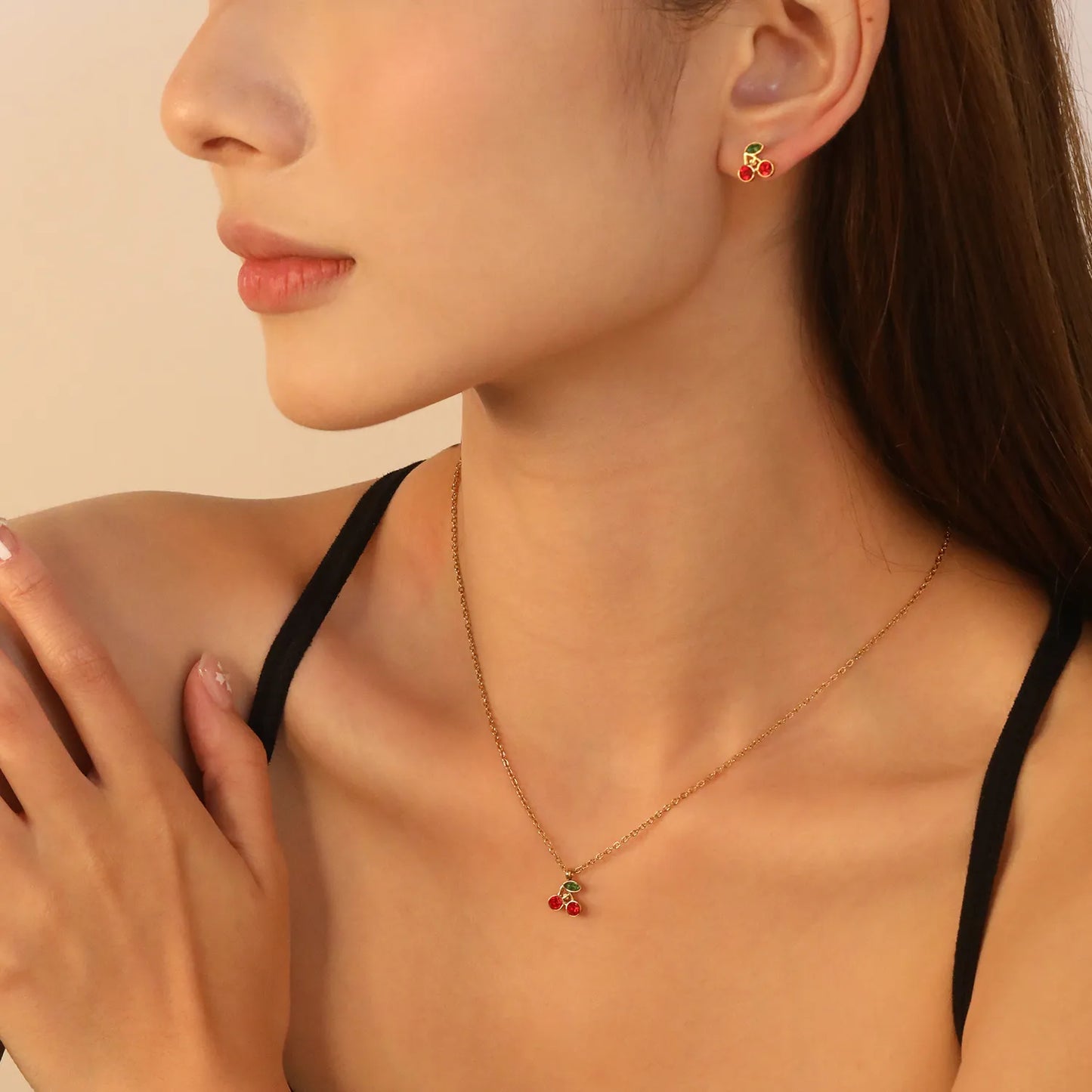 🍒 Wholesale Cherry Studs & Pendant Set | 8.5mm Gold Stainless Steel