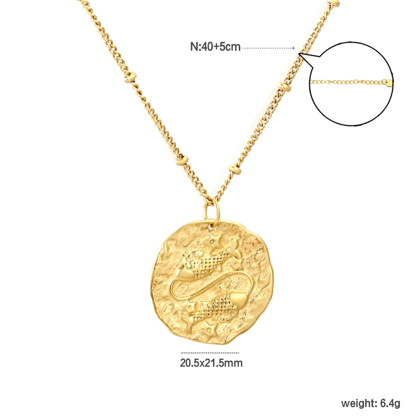 Wholesale Gold 12 Constellation Pendant Necklace | 20.5*21.5mm Zodiac Charm | 40+5cm+6mm Gold & Steel Chain