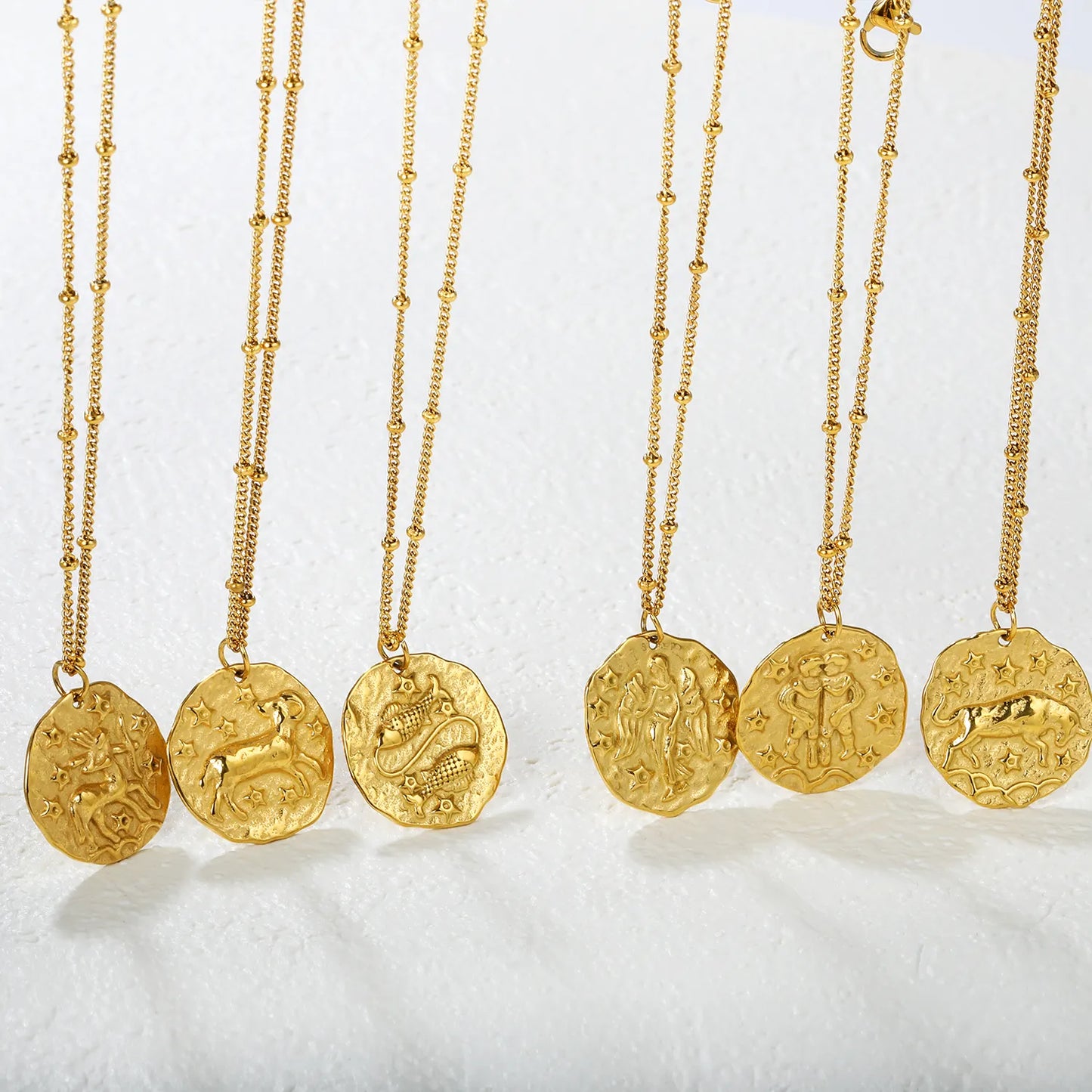 Wholesale Gold 12 Constellation Pendant Necklace | 20.5*21.5mm Zodiac Charm | 40+5cm+6mm Gold & Steel Chain