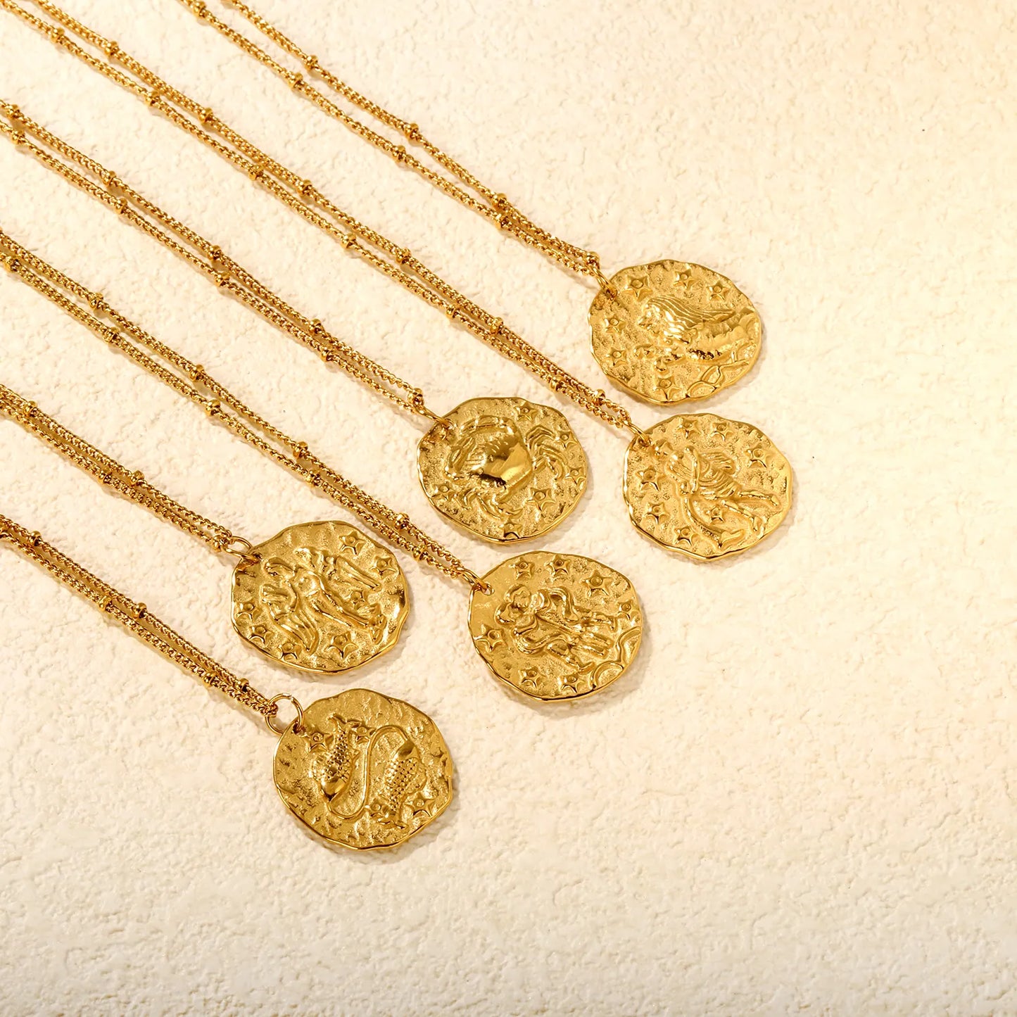 Wholesale Gold 12 Constellation Pendant Necklace | 20.5*21.5mm Zodiac Charm | 40+5cm+6mm Gold & Steel Chain