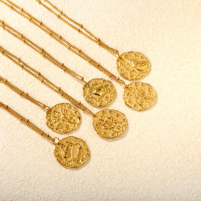 Wholesale Gold 12 Constellation Pendant Necklace | 20.5*21.5mm Zodiac Charm | 40+5cm+6mm Gold & Steel Chain