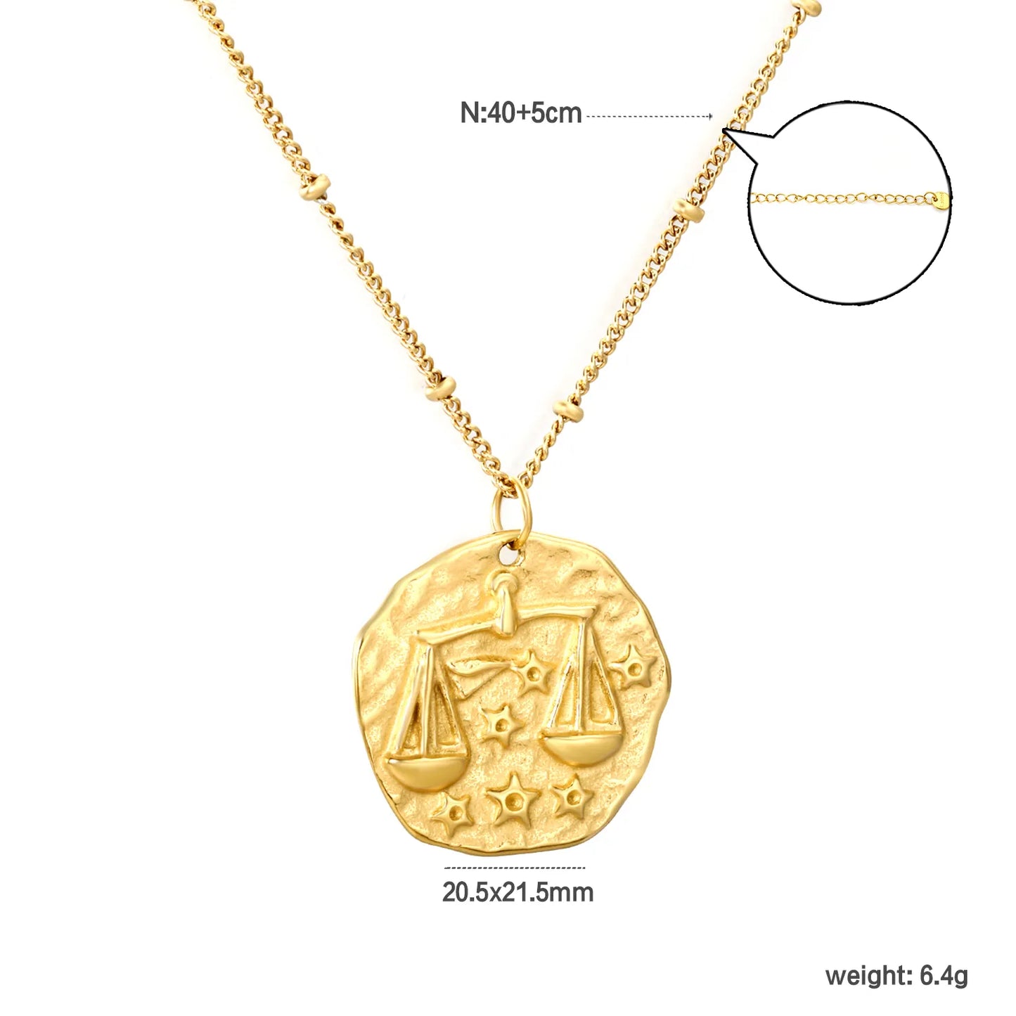 Wholesale Gold 12 Constellation Pendant Necklace | 20.5*21.5mm Zodiac Charm | 40+5cm+6mm Gold & Steel Chain