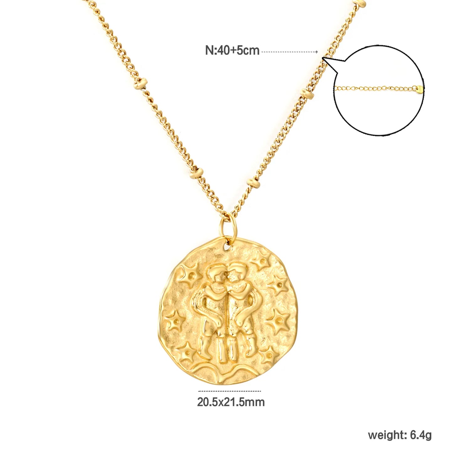 Wholesale Gold 12 Constellation Pendant Necklace | 20.5*21.5mm Zodiac Charm | 40+5cm+6mm Gold & Steel Chain