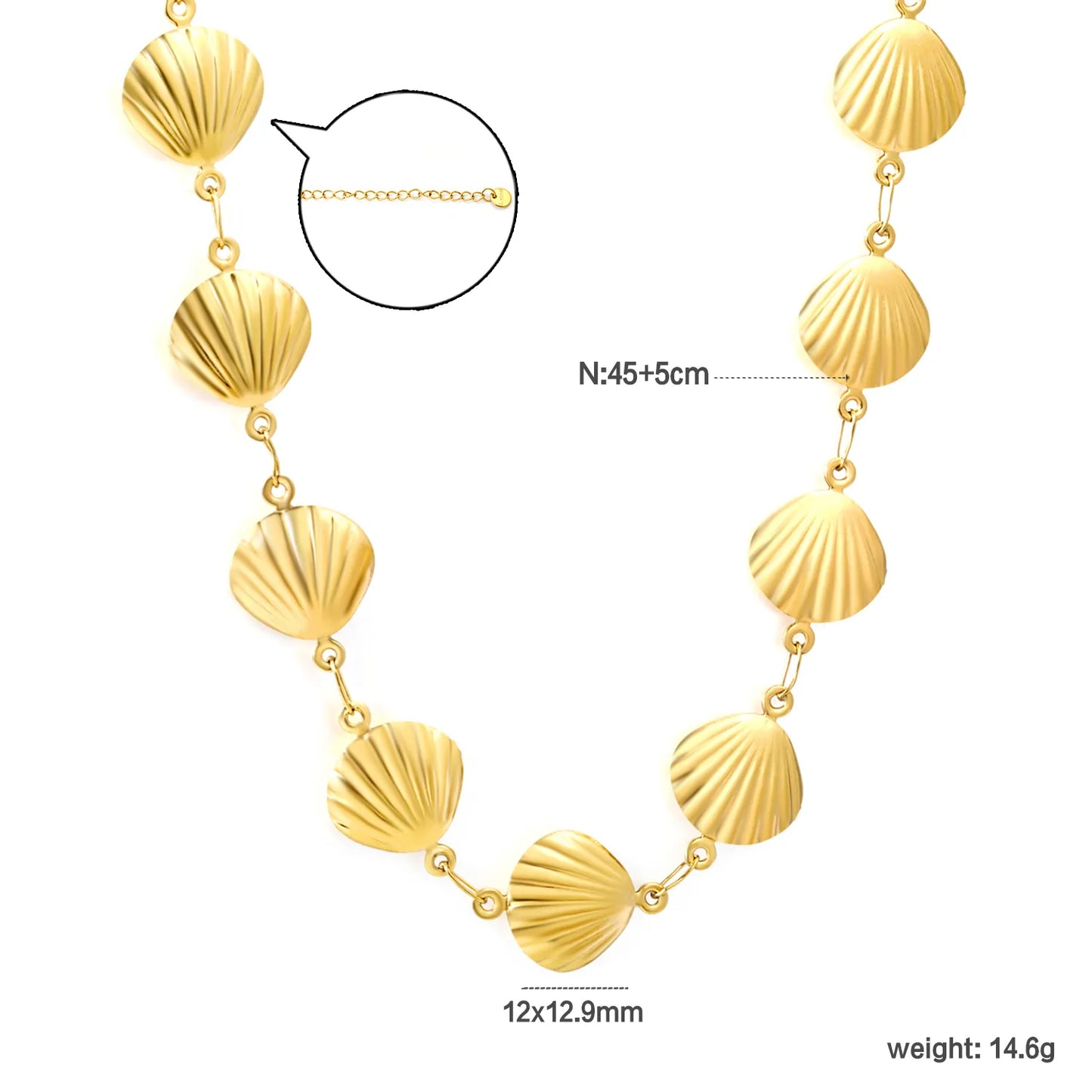 Wholesale 12x12.9mm Shell Link Chain Necklace | 45+5cm Gold Beach Style Jewelry Set
