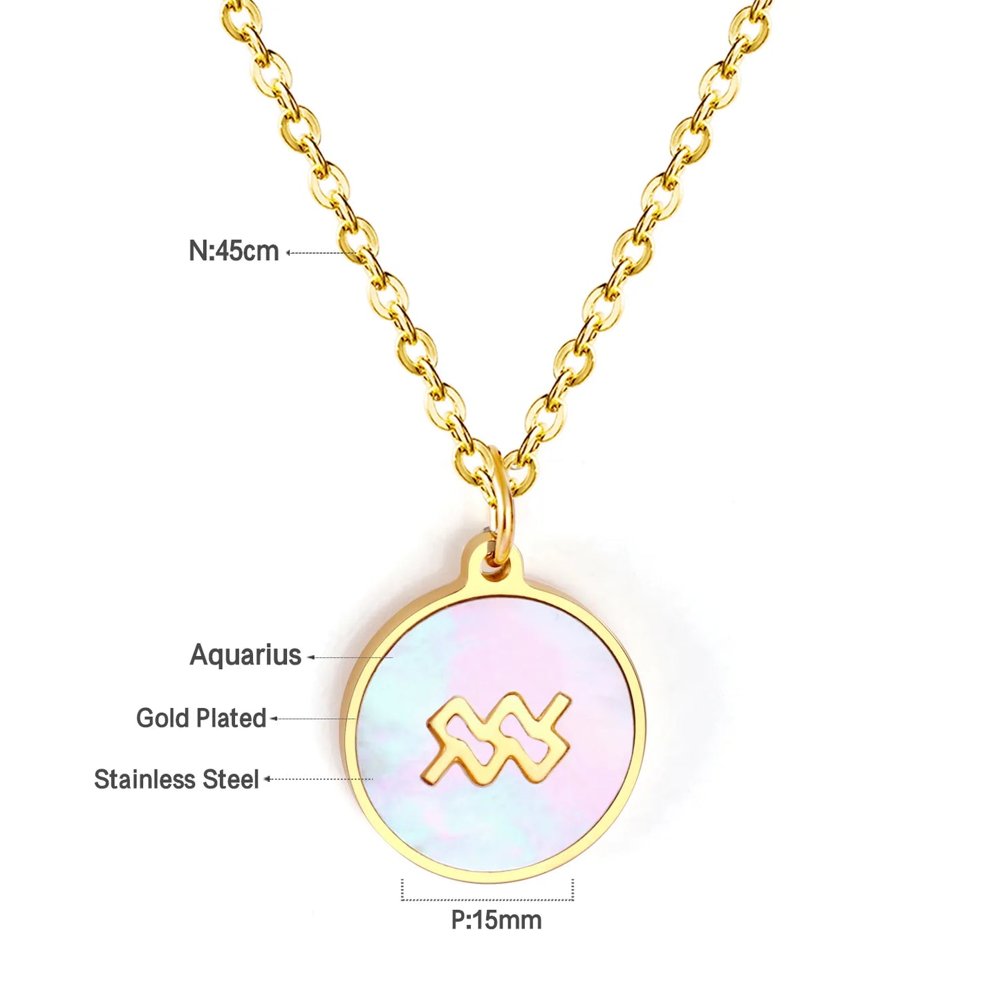Wholesale 15mm Zodiac Acrylic Mirror Pendant | Laser Holographic Disc Charm | 45cm Gold & Steel Chain Necklace