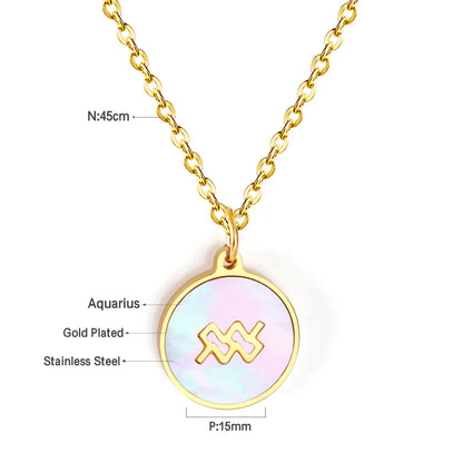 Wholesale 15mm Zodiac Acrylic Mirror Pendant | Laser Holographic Disc Charm | 45cm Gold & Steel Chain Necklace