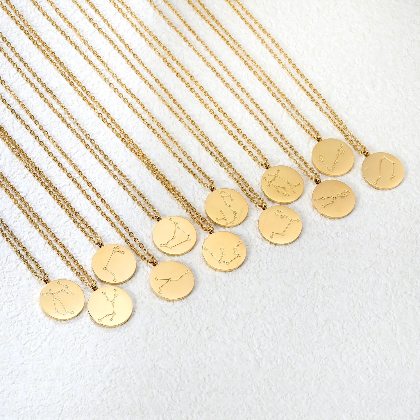 Wholesale 15mm Zodiac Constellation Pendant Necklace | 12 Astrology Star Chart Charm | 45cm Gold & Steel Chain