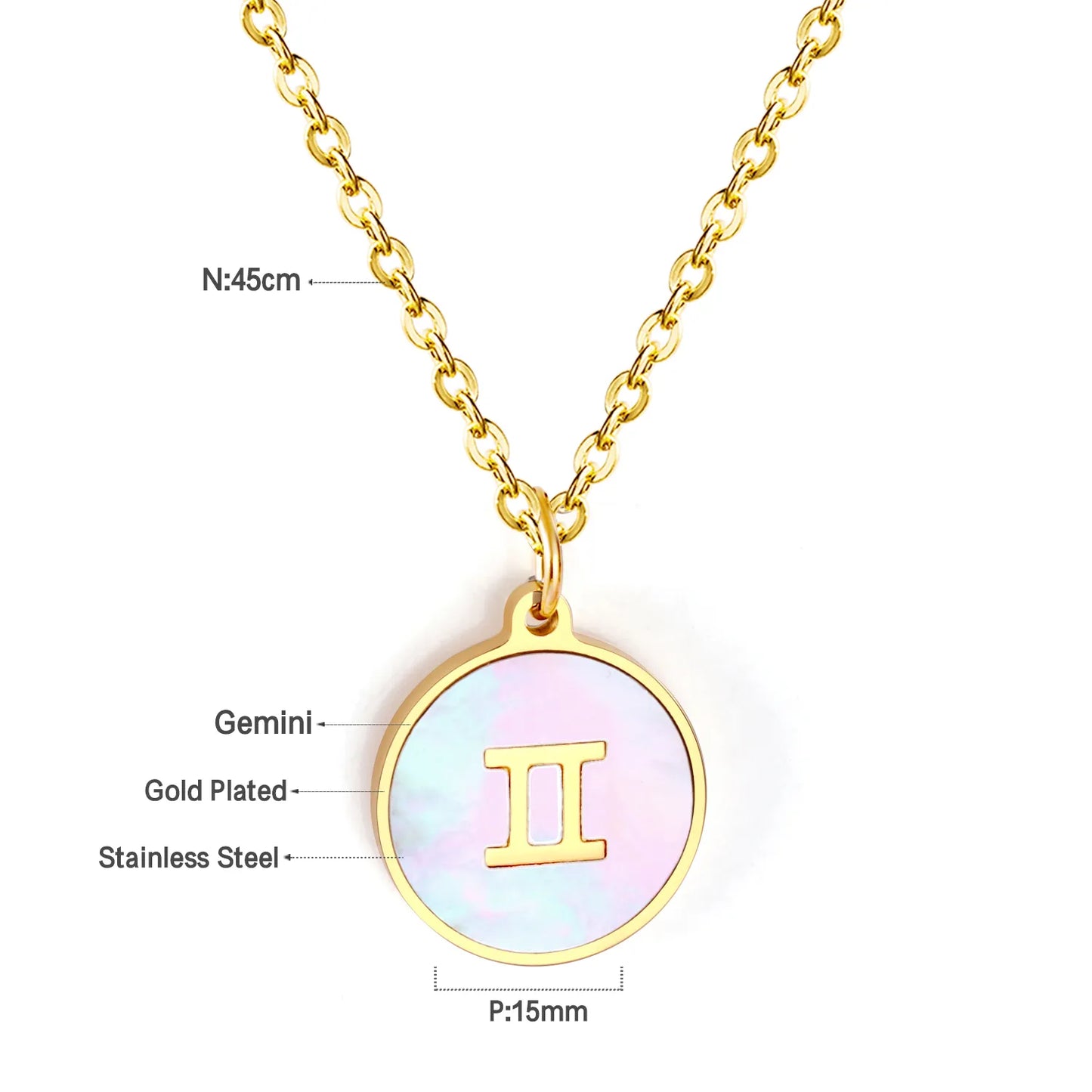 Wholesale 15mm Zodiac Acrylic Mirror Pendant | Laser Holographic Disc Charm | 45cm Gold & Steel Chain Necklace