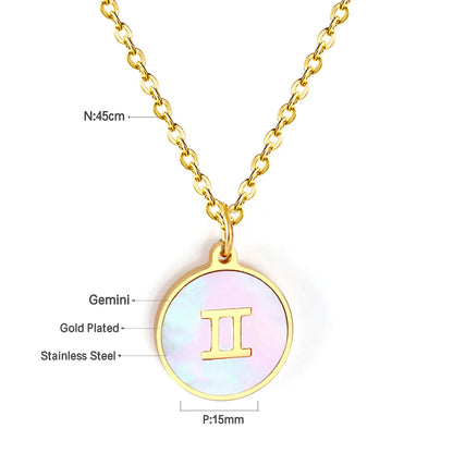 Wholesale 15mm Zodiac Acrylic Mirror Pendant | Laser Holographic Disc Charm | 45cm Gold & Steel Chain Necklace