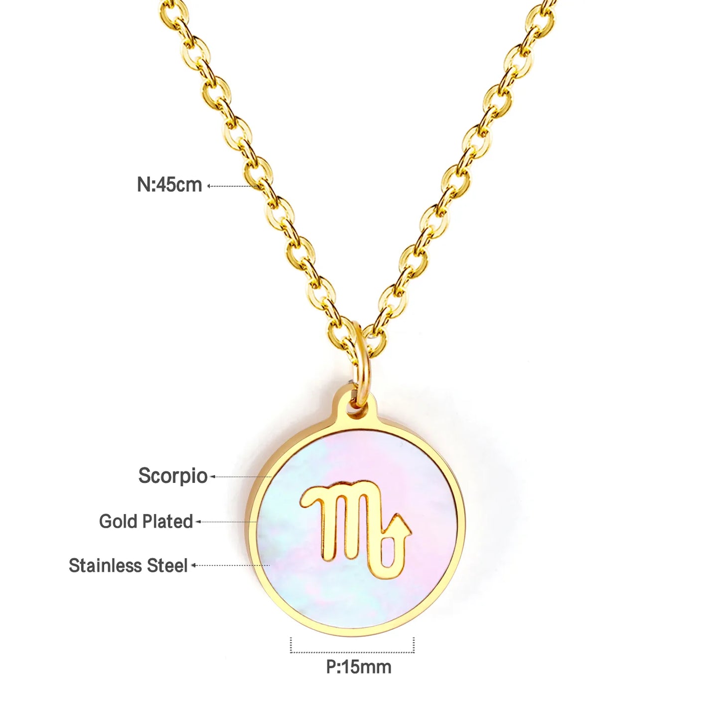 Wholesale 15mm Zodiac Acrylic Mirror Pendant | Laser Holographic Disc Charm | 45cm Gold & Steel Chain Necklace