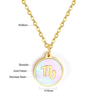 Wholesale 15mm Zodiac Acrylic Mirror Pendant | Laser Holographic Disc Charm | 45cm Gold & Steel Chain Necklace