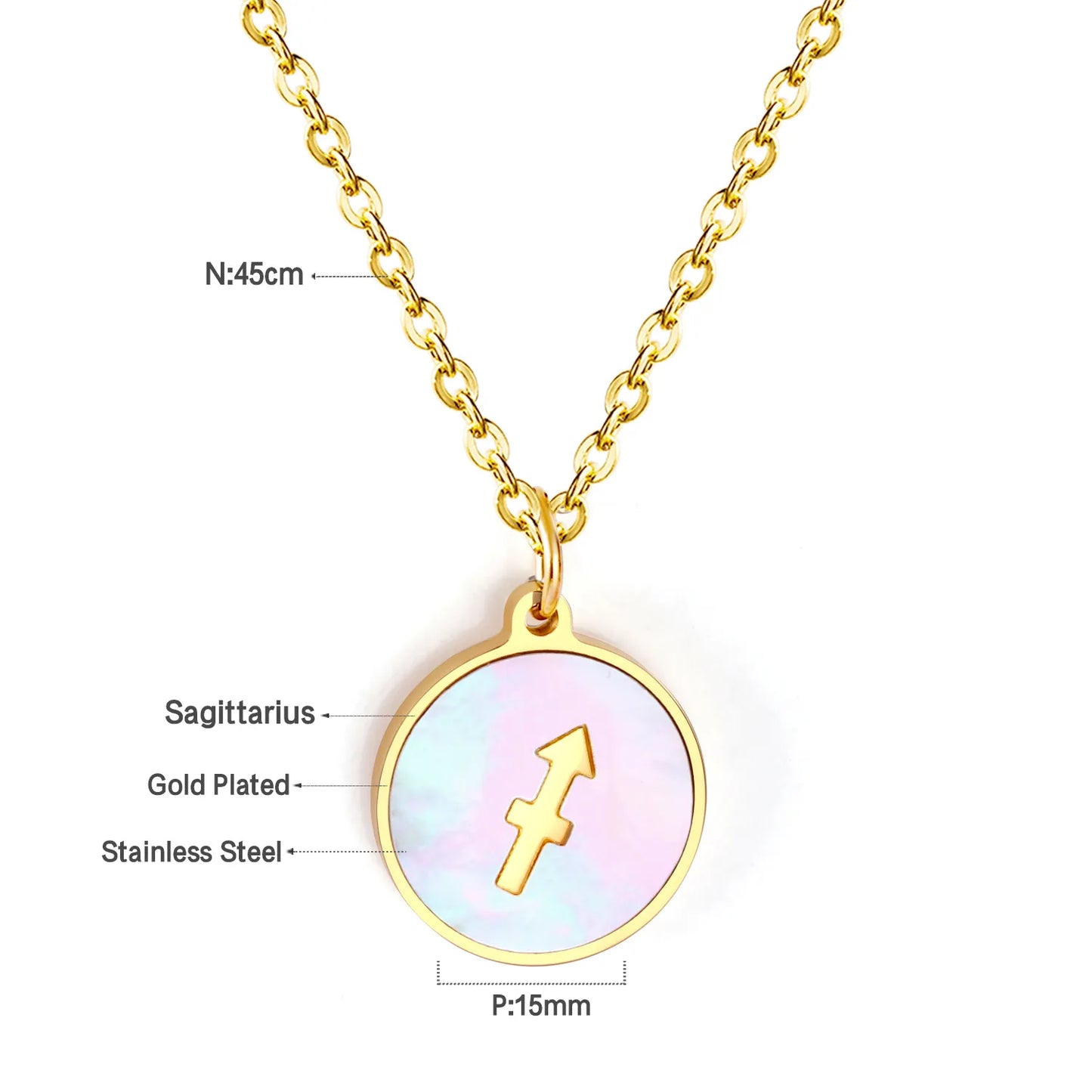Wholesale 15mm Zodiac Acrylic Mirror Pendant | Laser Holographic Disc Charm | 45cm Gold & Steel Chain Necklace