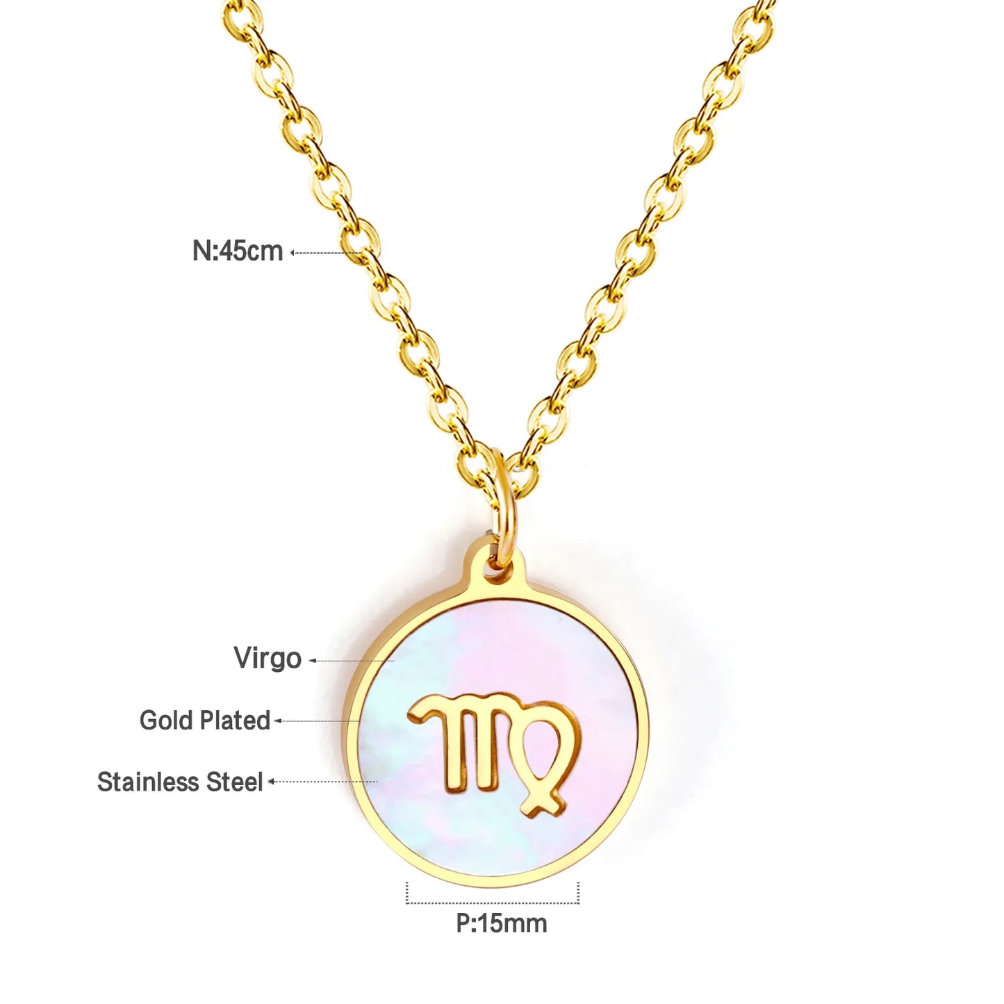 Wholesale 15mm Zodiac Acrylic Mirror Pendant | Laser Holographic Disc Charm | 45cm Gold & Steel Chain Necklace