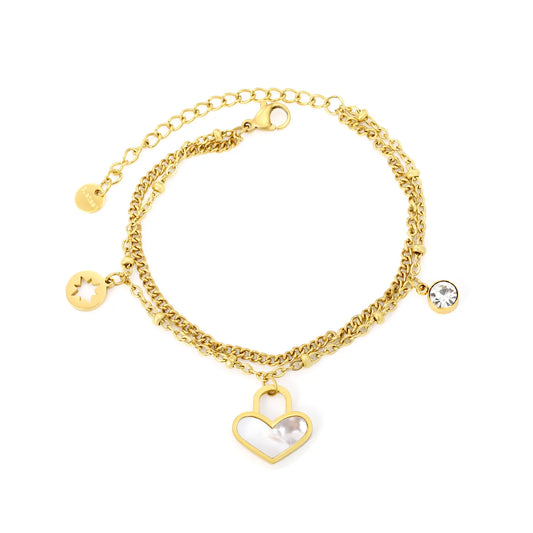Gold Heart Charm Double  Layered Bracelet 17+5cm+6mm | Golden Stainless Steel | Wholesale & Bulk Orders