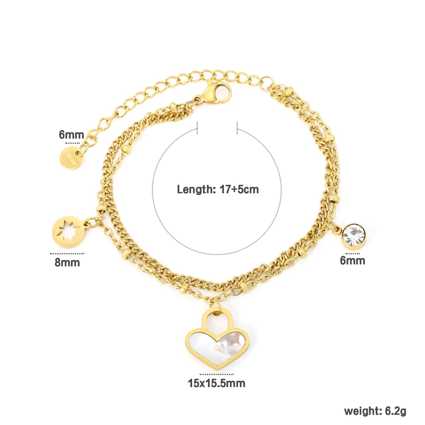 Gold Heart Charm Double  Layered Bracelet 17+5cm+6mm | Golden Stainless Steel | Wholesale & Bulk Orders
