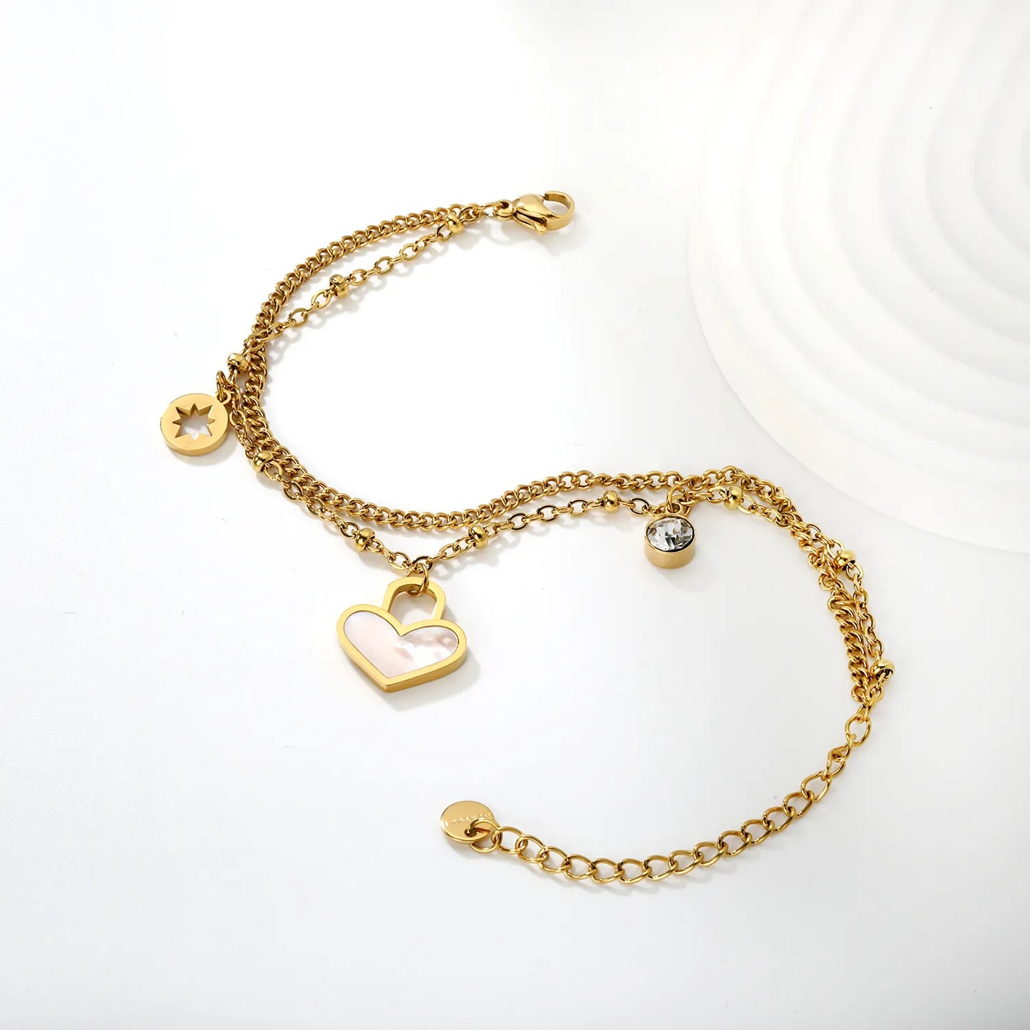 Gold Heart Charm Double  Layered Bracelet 17+5cm+6mm | Golden Stainless Steel | Wholesale & Bulk Orders