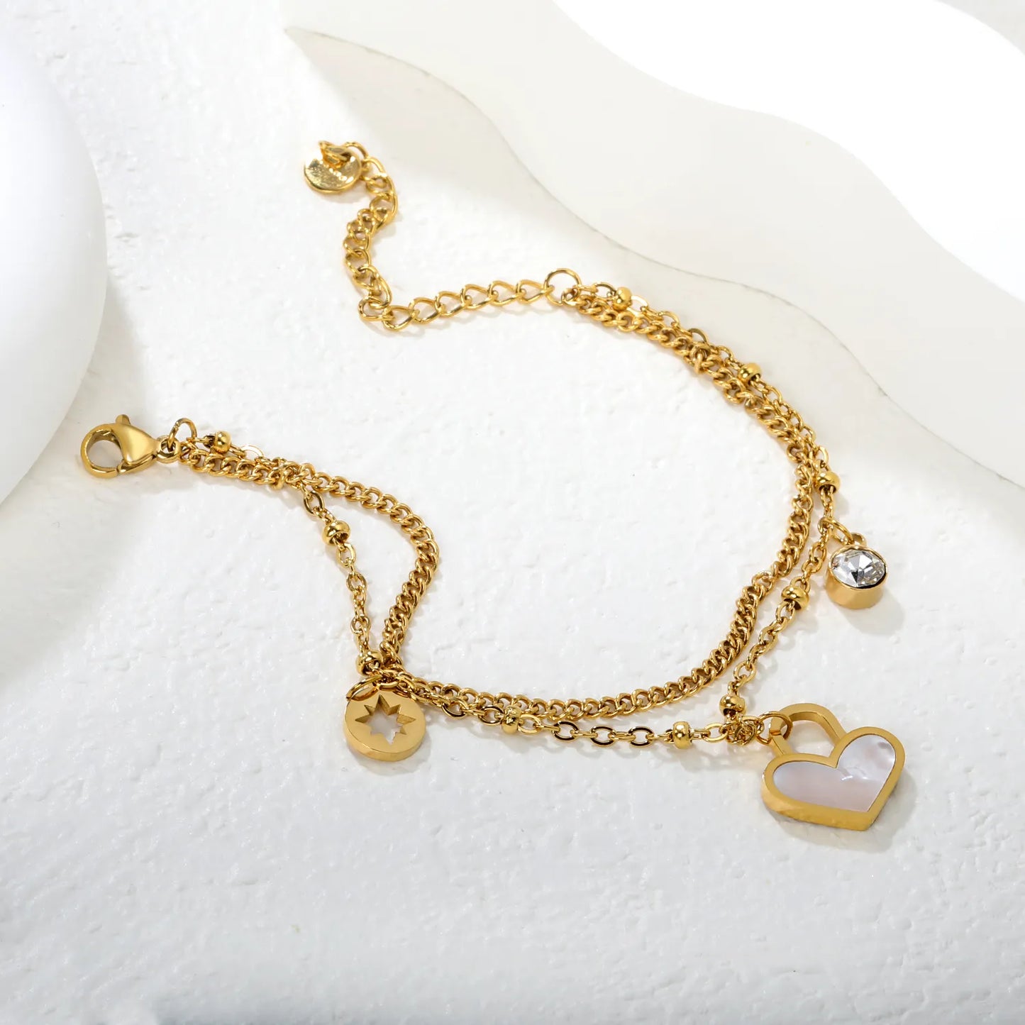Gold Heart Charm Double  Layered Bracelet 17+5cm+6mm | Golden Stainless Steel | Wholesale & Bulk Orders