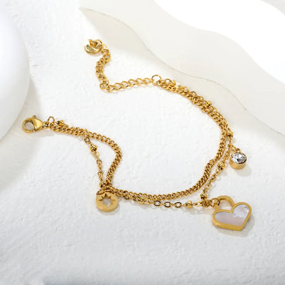 Gold Heart Charm Double  Layered Bracelet 17+5cm+6mm | Golden Stainless Steel | Wholesale & Bulk Orders