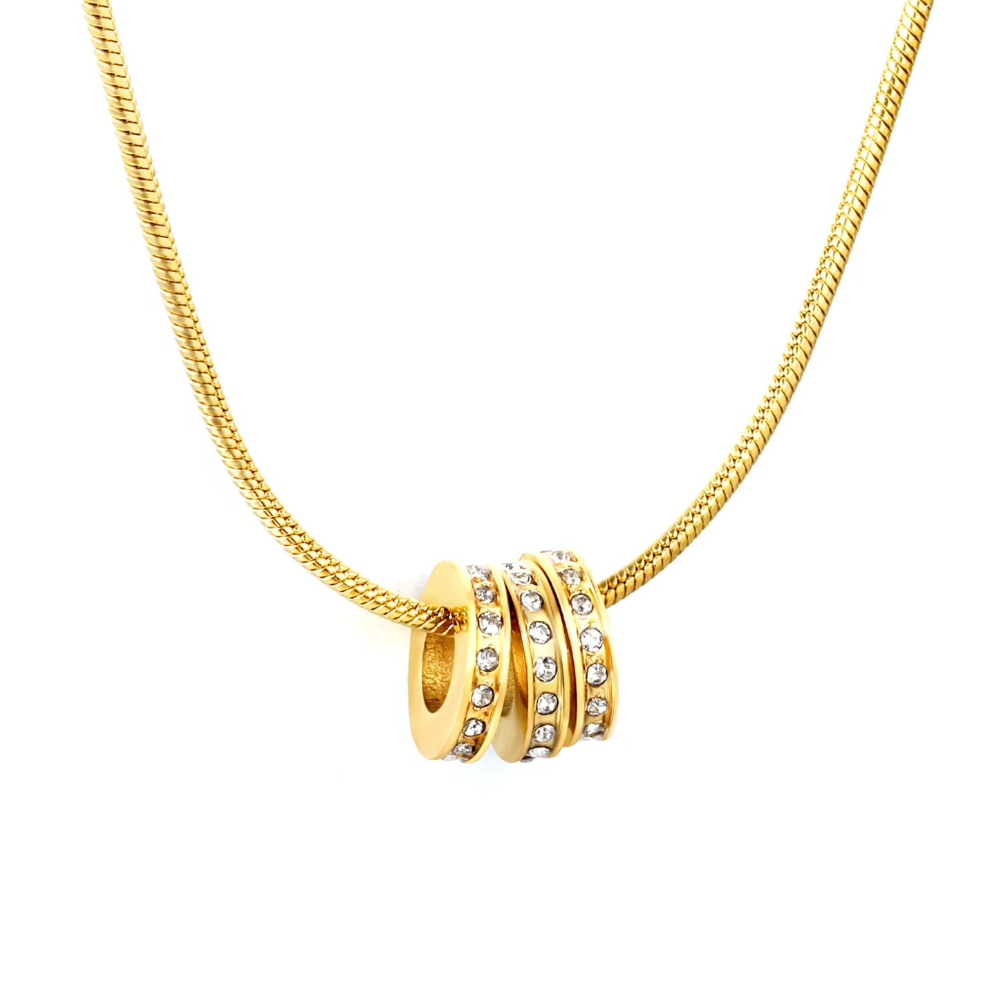 Hollow Three-rings Pendant with Rhinestones 1.2mm Round Snake Chain 45cm Necklace with Round Tag for Wholesale