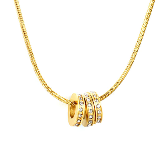 Hollow Three-rings Pendant with Rhinestones 1.2mm Round Snake Chain 45cm Necklace with Round Tag for Wholesale
