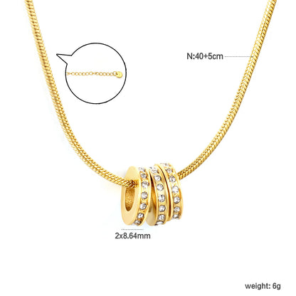 Hollow Three-rings Pendant with Rhinestones 1.2mm Round Snake Chain 45cm Necklace with Round Tag for Wholesale