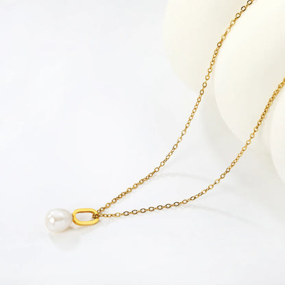 Gold Geometric Hollow Oval Link Necklace with Freshwater Pearls Cross Chain | Wholesale | Low MOQ