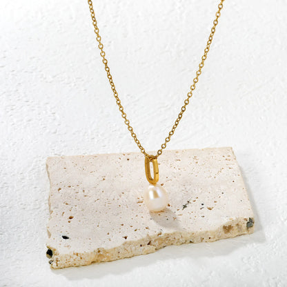 Gold Geometric Hollow Oval Link Necklace with Freshwater Pearls Cross Chain | Wholesale | Low MOQ