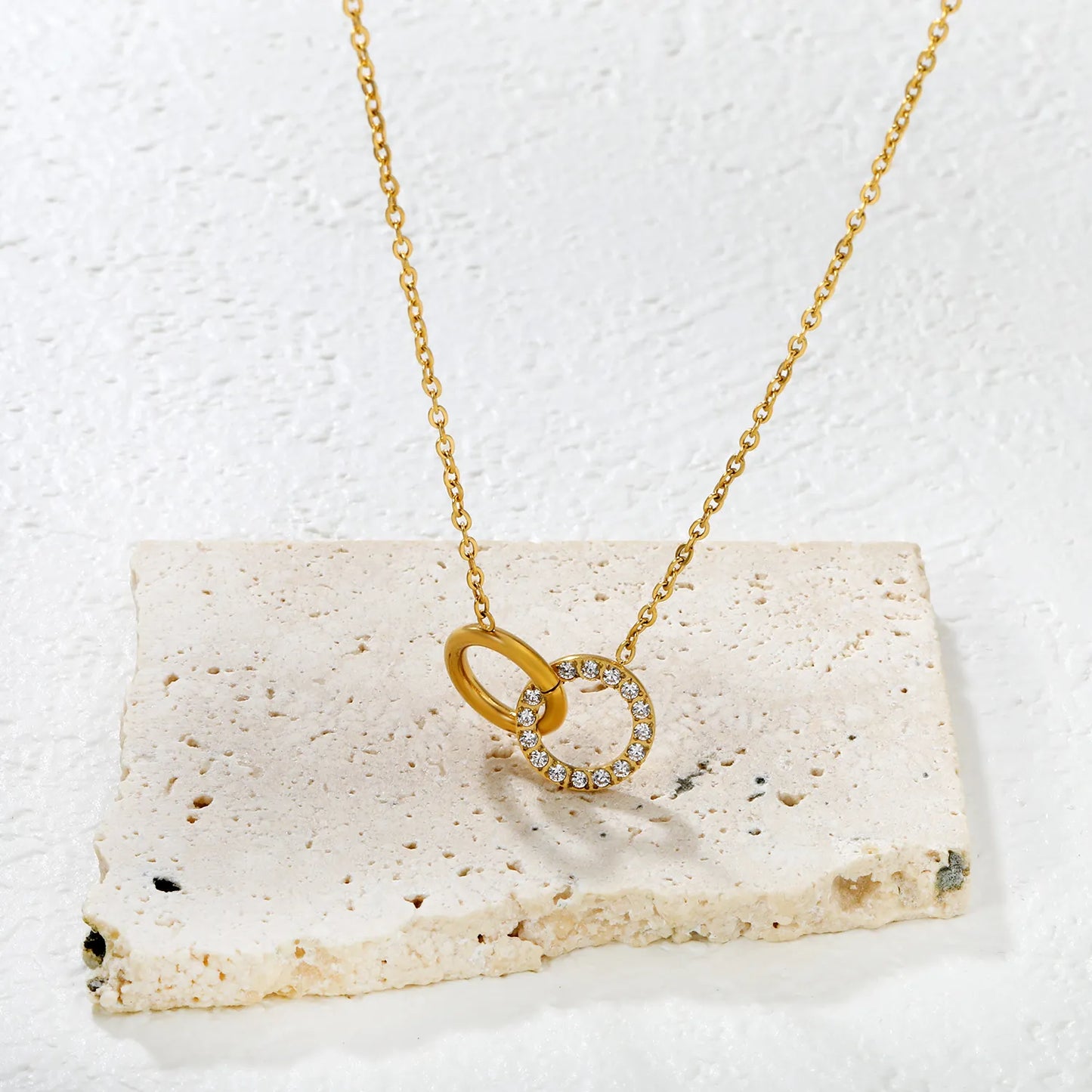 Wholesale Openwork Circle Ring with Rhinestone + Smooth Circle Cross Chain Gold-plated Necklace