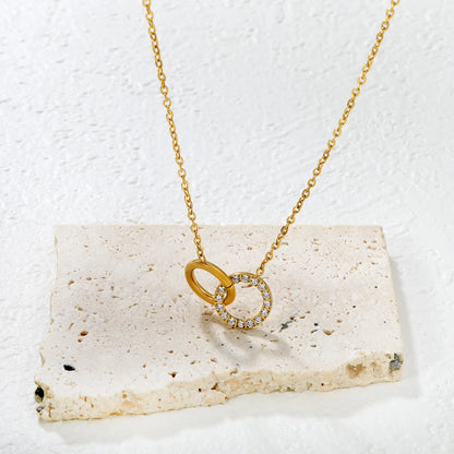 Wholesale Openwork Circle Ring with Rhinestone + Smooth Circle Cross Chain Gold-plated Necklace