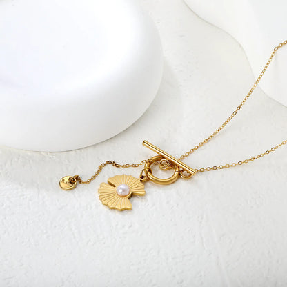 Wholesale Irregular Lotus Leaf with Pearl OT Clasp 45cm Gold-plated Necklace with 6mm round Tag