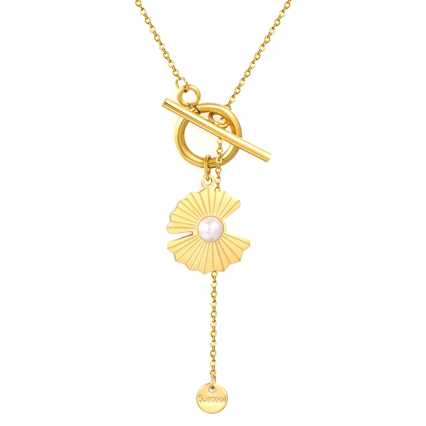 Wholesale Irregular Lotus Leaf with Pearl OT Clasp 45cm Gold-plated Necklace with 6mm round Tag