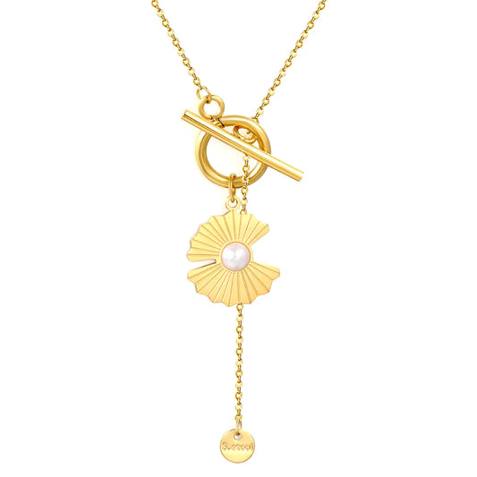 Wholesale Irregular Lotus Leaf with Pearl OT Clasp 45cm Gold-plated Necklace with 6mm round Tag