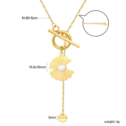 Wholesale Irregular Lotus Leaf with Pearl OT Clasp 45cm Gold-plated Necklace with 6mm round Tag