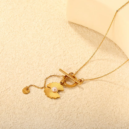 Wholesale Irregular Lotus Leaf with Pearl OT Clasp 45cm Gold-plated Necklace with 6mm round Tag