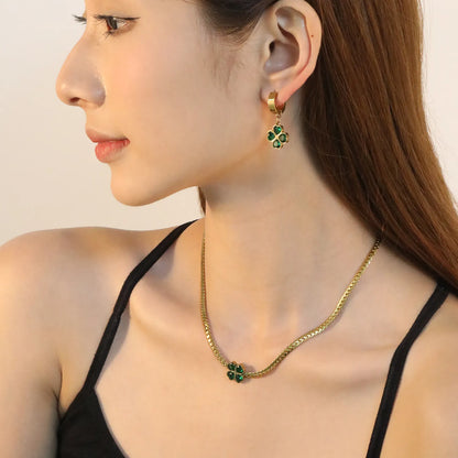 Wholesale Stainless Steel Clover Zircon Jewelry Set - Gold Earrings (13.4x13.6mm) & Pendant (12.1x12.1mm) with 3.8mm Dragon Chain 40+5cm