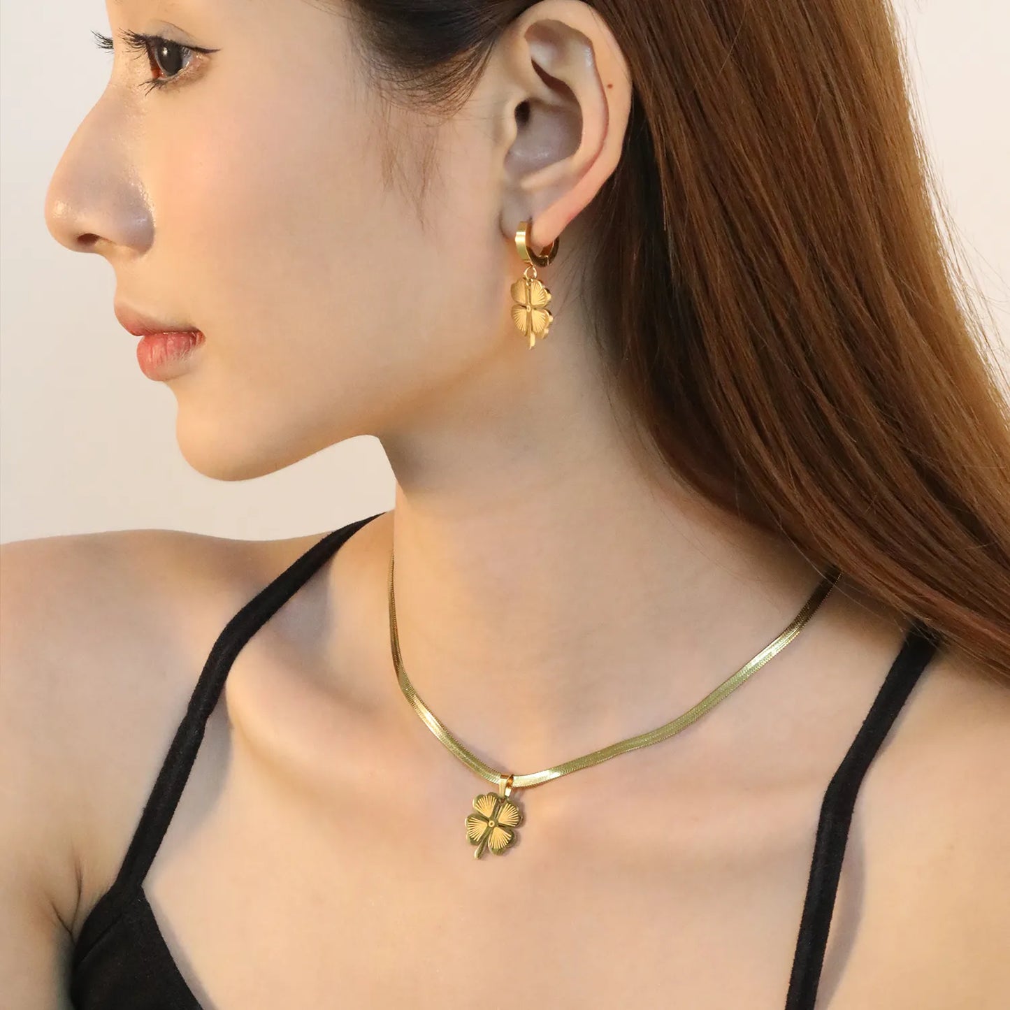 Wholesale Stainless Steel Clover Jewelry Set - Gold Earrings & Pendant (15.8x18.3mm) with 3.2mm Chain 40+5cm