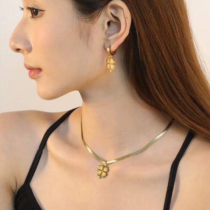 Wholesale Stainless Steel Clover Jewelry Set - Gold Earrings & Pendant (15.8x18.3mm) with 3.2mm Chain 40+5cm