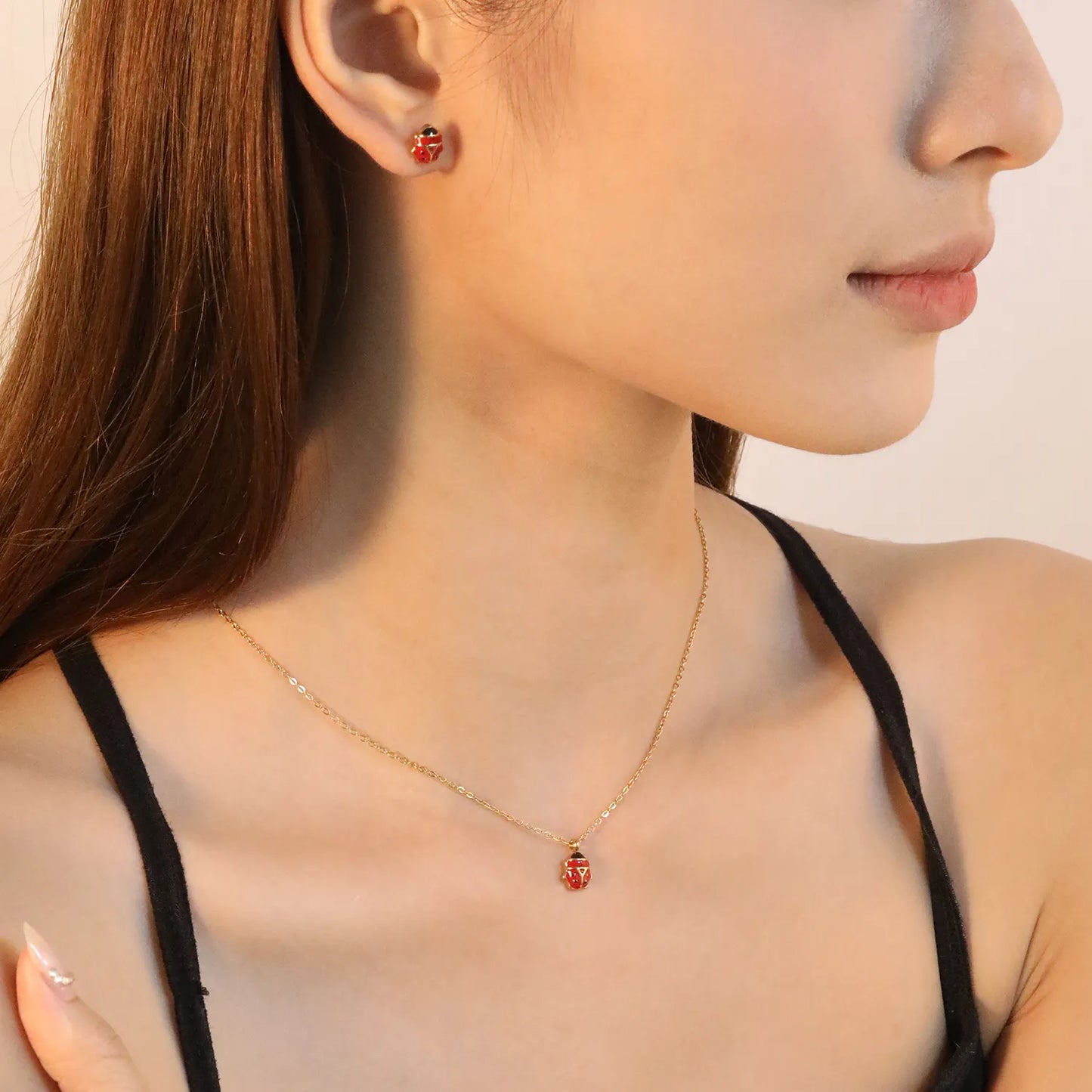 Wholesale Cute Ladybug Set - Stainless Steel Earrings & Pendant Necklace (4g) | Spring-Summer Bulk Collection