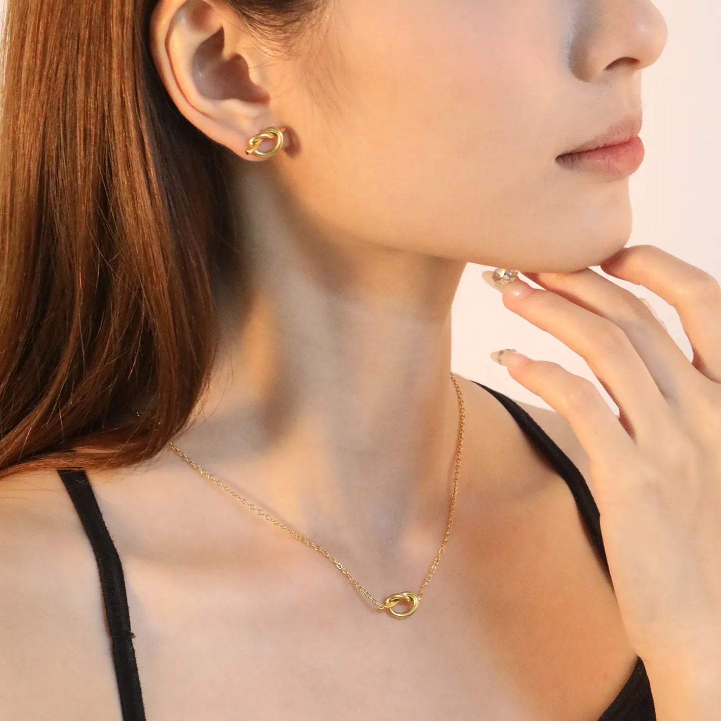 ✨ Dainty Knot Stud Earrings & Necklace Set Wholesale 8.6mm Gold Jewelry | Adjustable 42+5cm Thin Chain | Stainless Steel Bulk