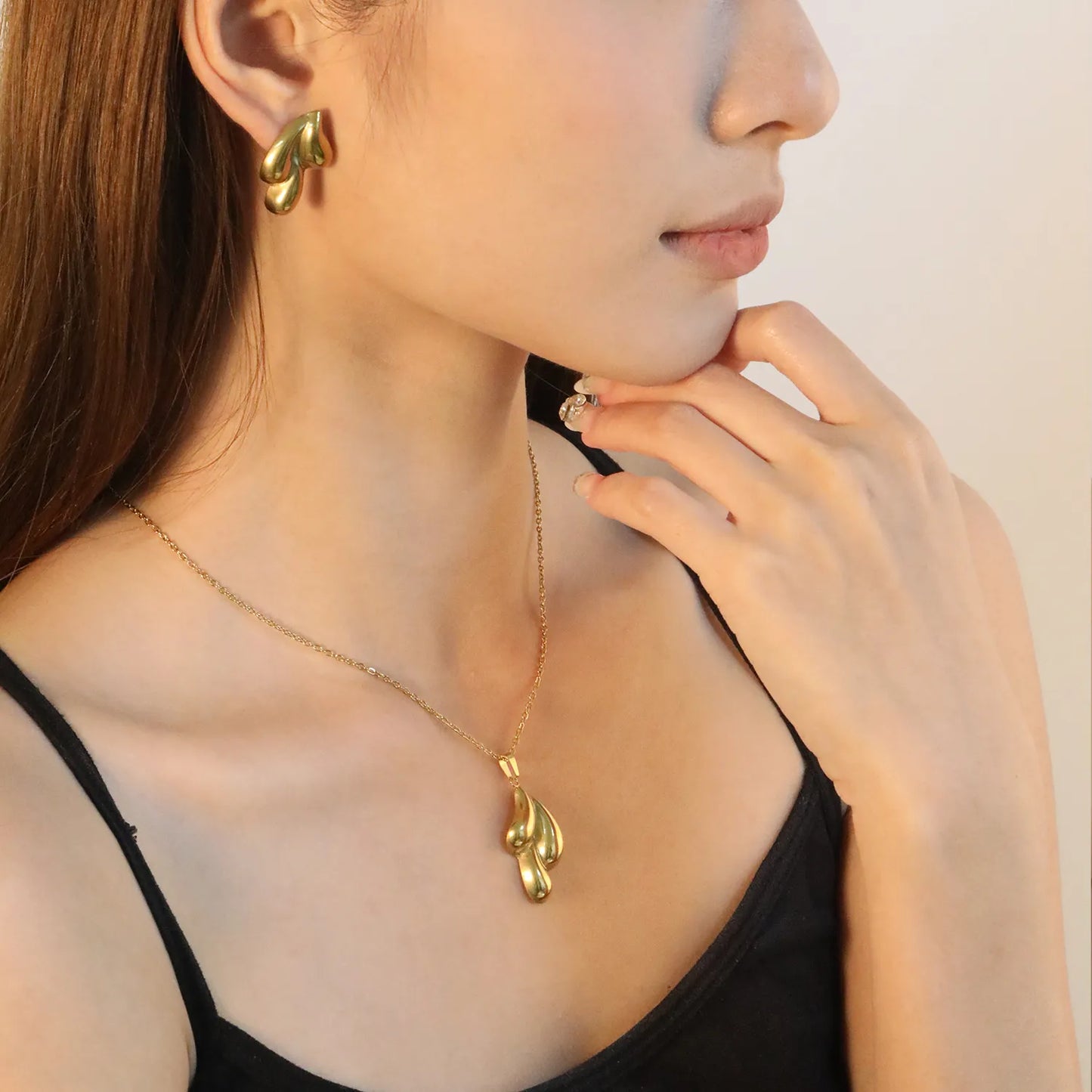 Wholesale Stainless Steel 3D Teardrop Jewelry Set - Gold Earrings (17.9x29.5mm) & Pendant (17.4x30.2mm) with 42+5cm Cross Chain