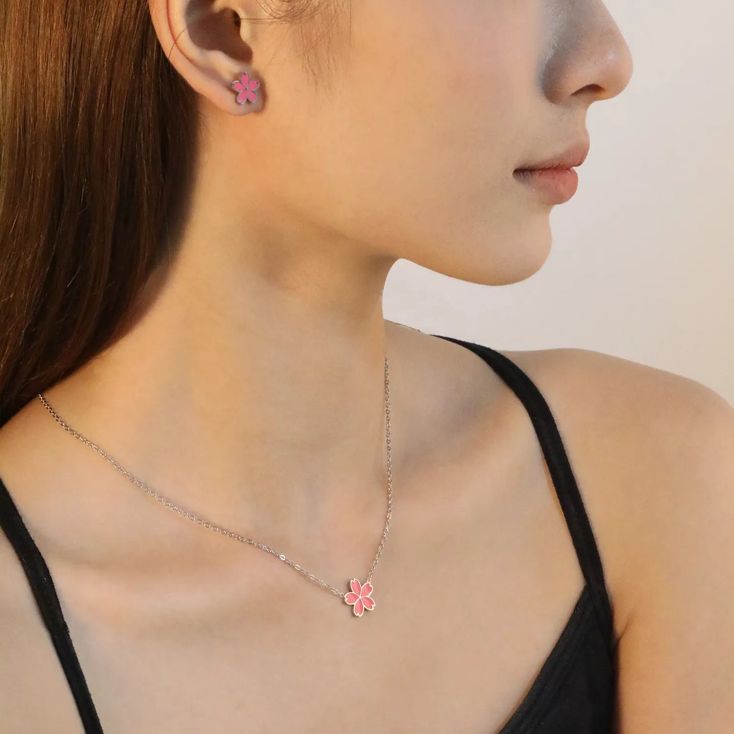 10mm Cherry Blossom Pink Enamel Stud Earrings + 12.5mm Pendant Set - 0.3mm Cross Chain (45+5cm) & 6mm Tag - Stainless Steel Wholesale Jewelry