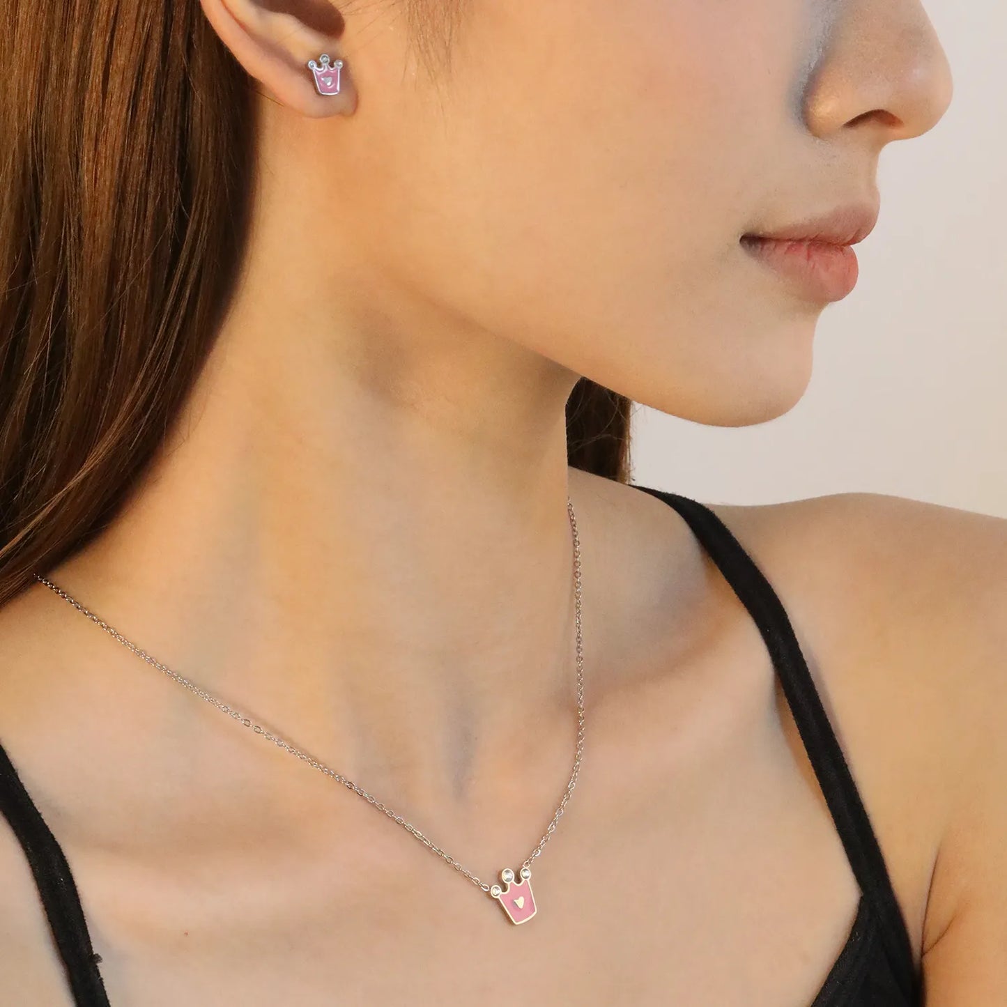 8x8.4mm Crown Pink Enamel Stud Earrings + 11.7x12mm Pendant Set - 0.35mm Cross Chain (45+5cm) & 6mm Tag - Stainless Steel Wholesale Jewelry