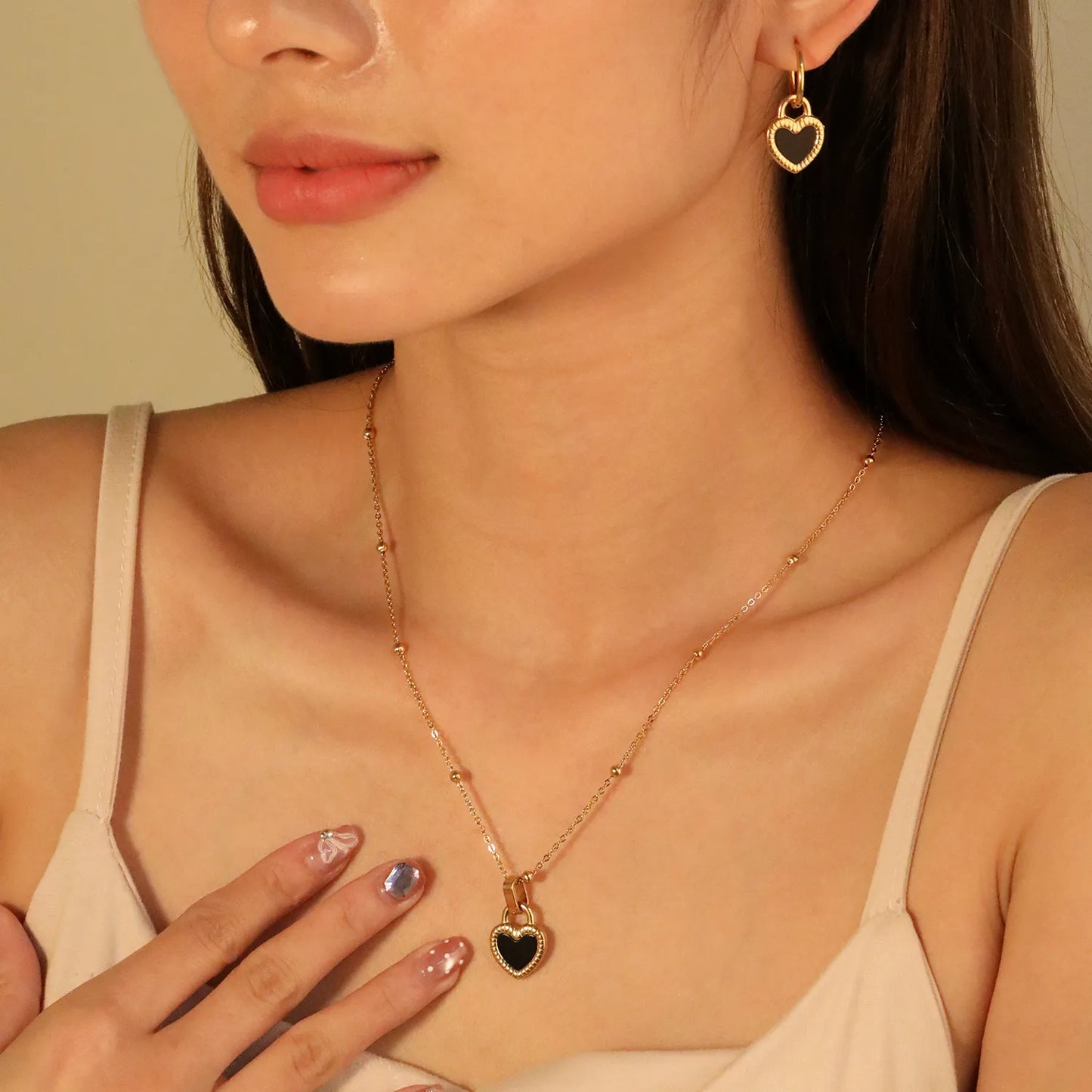 ✨ Wholesale Black Shell Heart Earrings & Pendant Set 13.9x18.1mm | 47+5cm Chain | Stainless Steel Jewelry Bulk Order