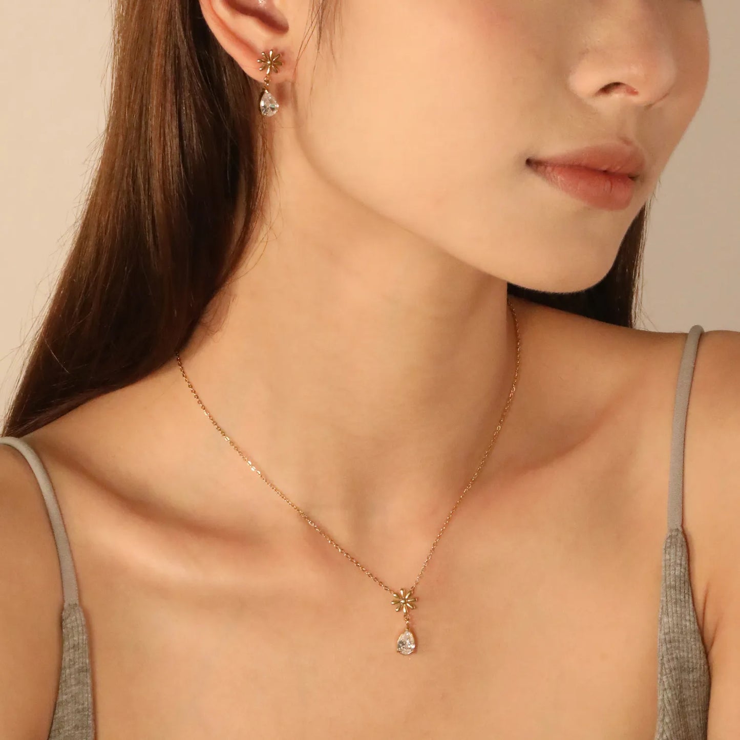 Wholesale Flower & Teardrop Zircon Jewelry Set – Hypoallergenic Stainless Steel Earrings + Pendant (Silver/Gold)