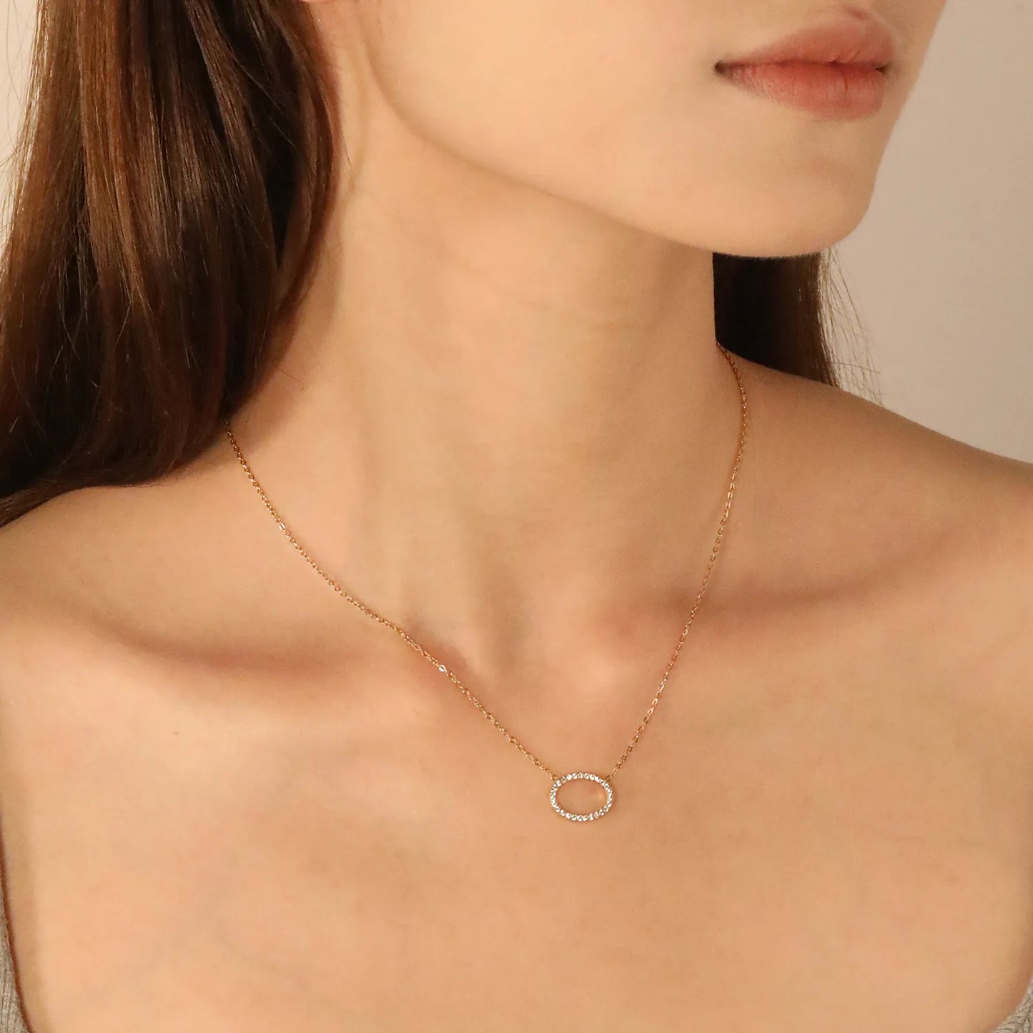 Stainless Steel Gold Elliptical Pendant Necklaces - 15*11.2mm CNC White Zircon, 0.3mm Chain, 43+5cm with 6mm Disk