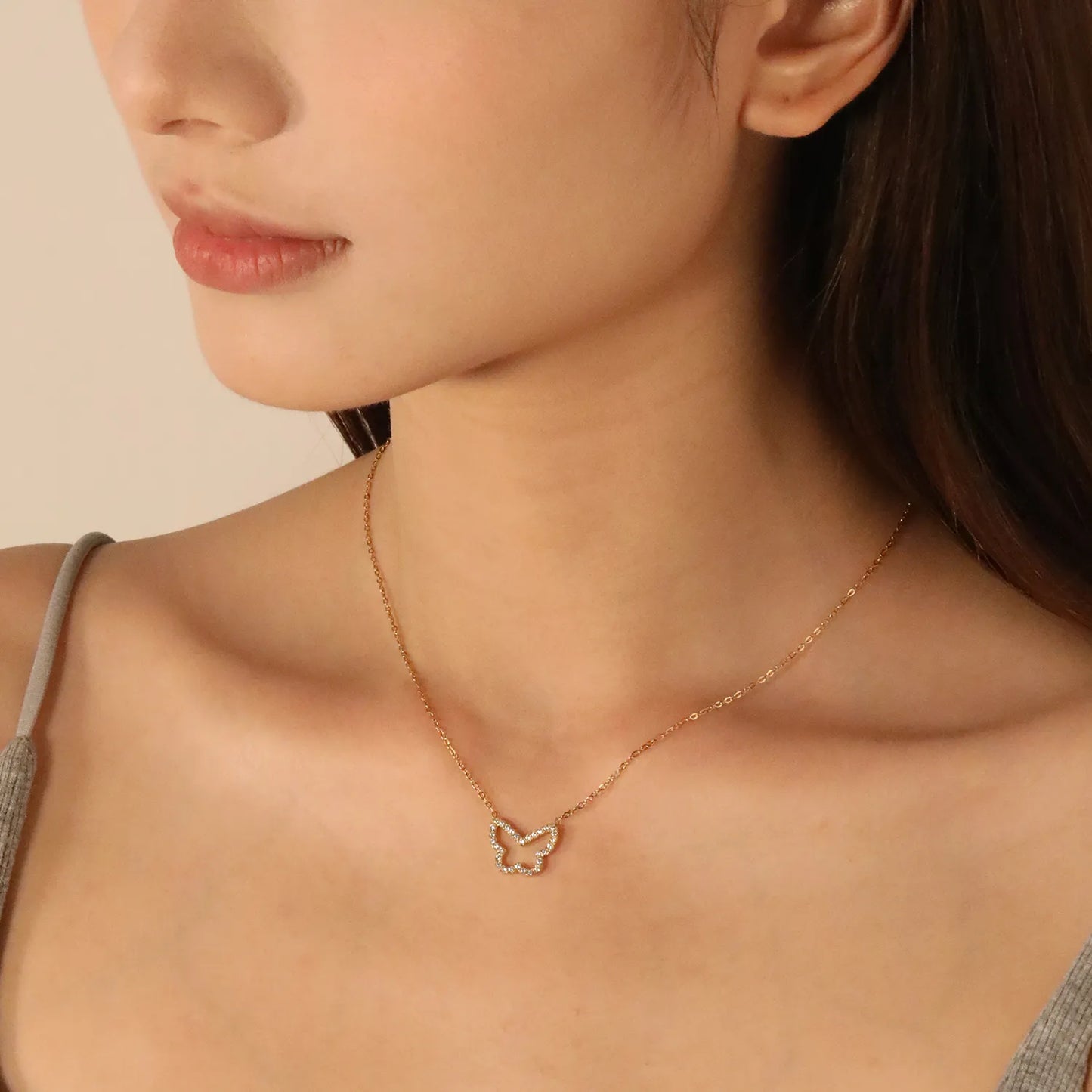 Wholesale 15x13mm Butterfly Pendant Necklace Gold Stainless Steel w/ White CZ | 0.3mm Cross Chain + 6mm Tag (Bulk Boho Jewelry)