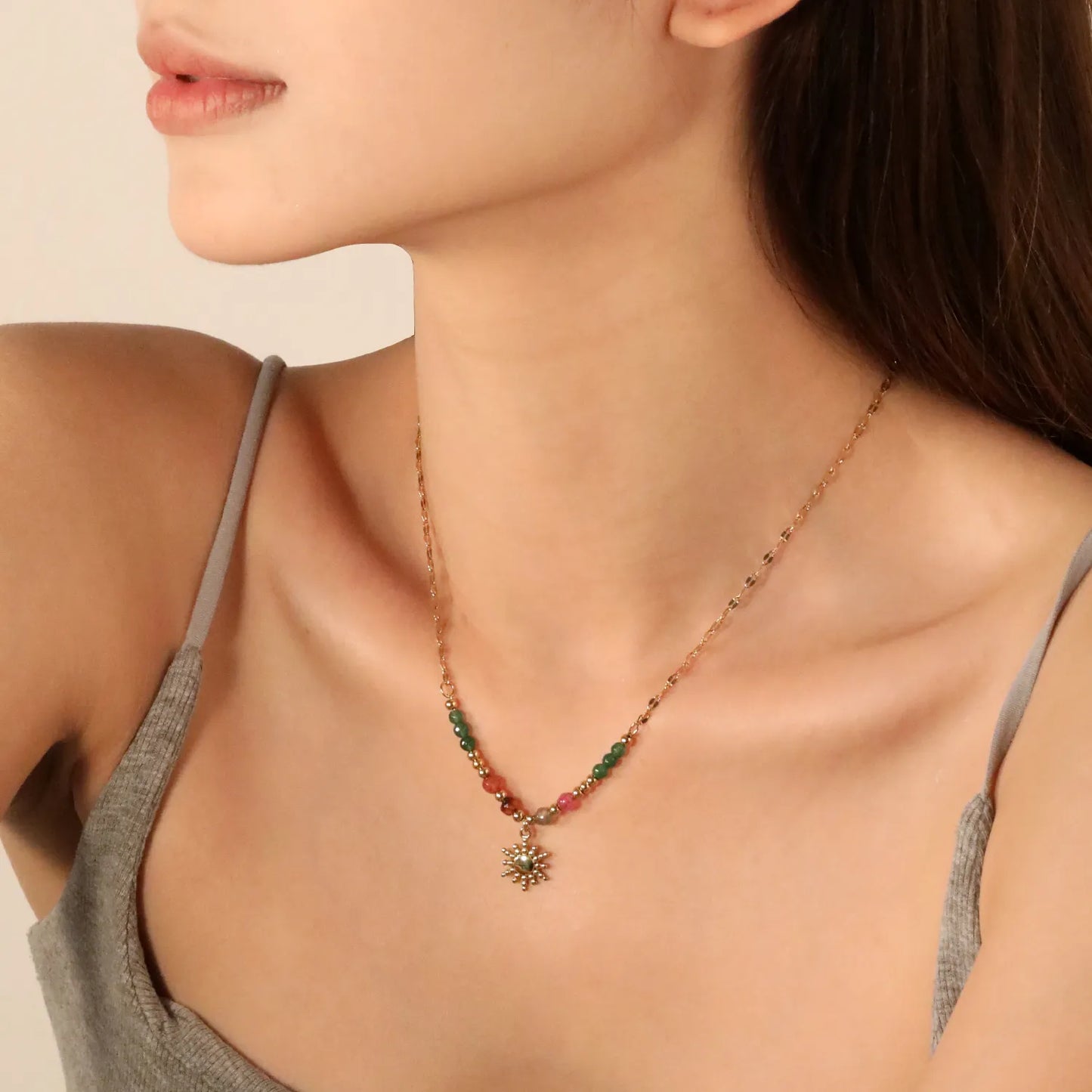 ✨ Boho Beaded Necklace Wholesale 11.2mm Sun Charm + 3mm Spacers | Adjustable 40+5cm Chain | Natural Stone Jewelry